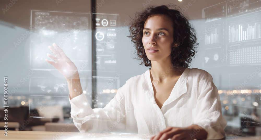 Poster a trainer engages with an interactive holographic avatar during a seminar. she is actively studying 