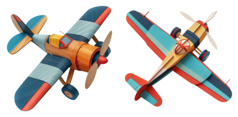 Retro wooden airplanes with bright wings isolated on transparent PNG image perfect for child aviation playsets or toy packaging