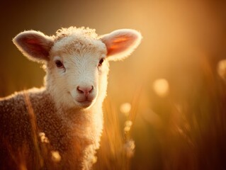 Obraz premium A small lamb in the golden light of sunset.