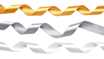 Cut out image of white, silvery and golden satin ribbons, spiral-curled ribbons. Glossy silk...