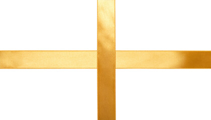Cut out image of golden satin cross-stretch ribbons. Glossy silk yellow ribbons for holiday gift box isolated on transparent background.