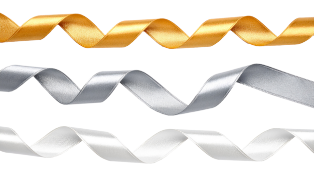 Cut out image of white, silvery and golden satin ribbons, spiral-curled ribbons. Glossy silk ribbons for holiday decor. - Powered by Adobe