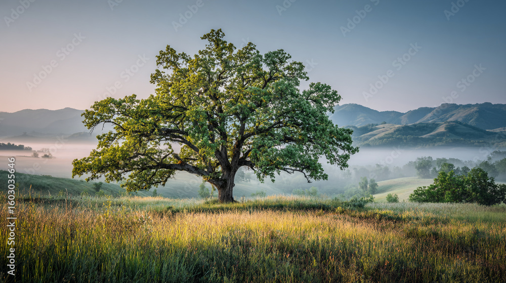 Poster a single large tree in a field with mountains and fog in the background at sunrise