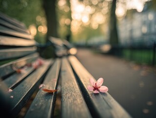 Delicate pink blossom rests on a park bench.