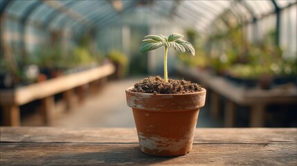 Young plant in terracotta pot within a greenhouse setting.