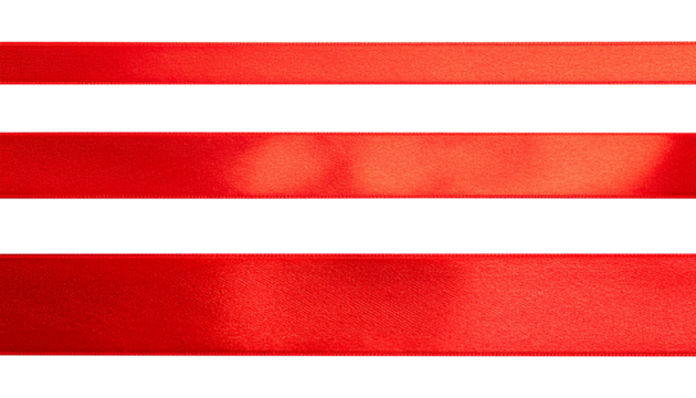 Cut out image of red satin ribbons, smooth straight tapes. Glossy silk ribbons for holiday gift box, decor.