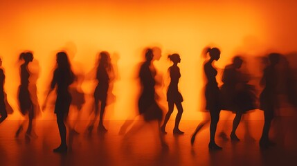 Fototapeta premium Abstract Silhouettes of Women Walking in Blurred Orange Light perfect for contemporary dance posters, fashion editorial layouts, conceptual art exhibits and creative advertising campaigns