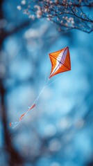 A vibrant orange kite soars against a soft blue sky.