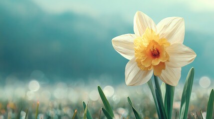 A single, vibrant daffodil in a soft, natural setting.