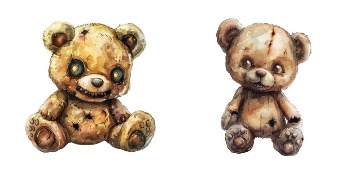 scary zombie teddy bear watercolor vector illustration