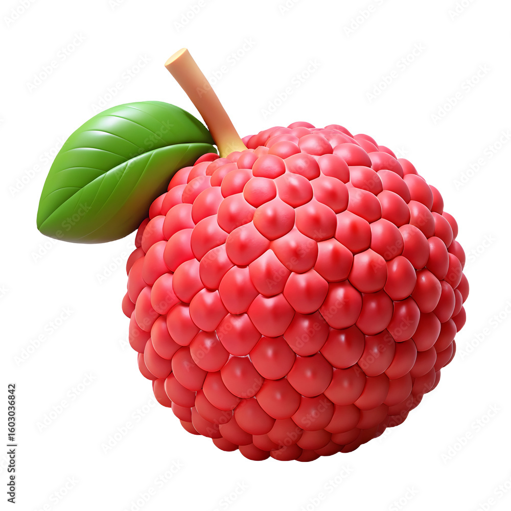 Poster textured red lychee fruit with green leaf isolated on transparent background render