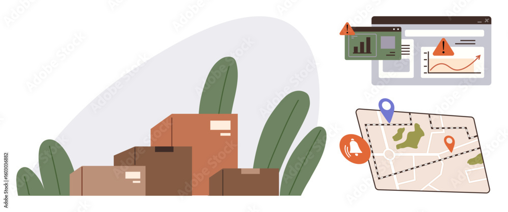 Poster stack of parcels surrounded by leaves, digital charts with warning icons, and a map with location ma