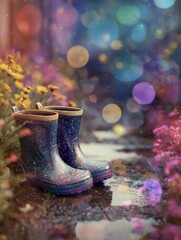Glittering rain boots stand in a puddle amongst flowers.