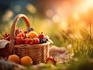 A wicker basket filled with assorted fresh fruits.