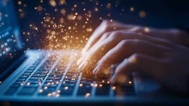 Experience the dynamic flow of data as expert hands type on a glowing laptop, surrounded by sparkling digital particles, perfect for illustrating modern coding and connectivity.