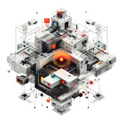 Fototapeta premium Abstract, geometric, 3D illustration of interconnected modules. Complex, intricate network of white, grey, and orange elements. A central orb of glowing orange