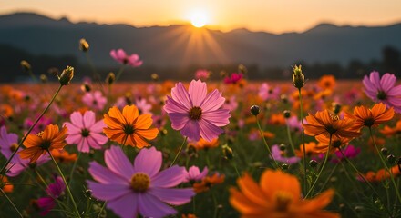 Fototapeta premium Cosmos Flowers at Sunset: Beautiful Floral Landscape
