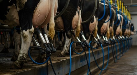 Dairy Cows Being Milked in Modern Farm Milking Parlor