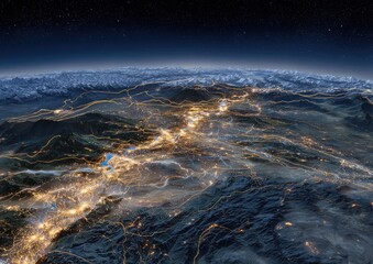 Nighttime view of a mountainous region from space