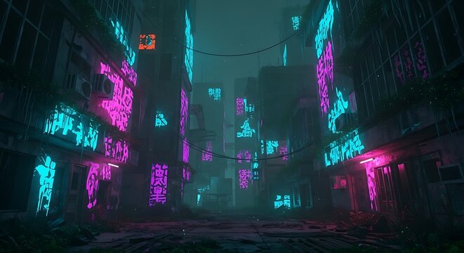 A futuristic cityscape with neon signs illuminating a desolate, overgrown street.