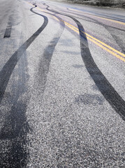 Tire Tracks on Road Burning Rubber Peeling Out Skid Marks on Asphalt