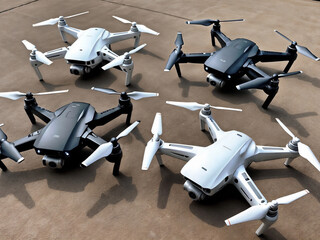 An assortment of black and white drones are perfectly displayed, ready for flight and use.