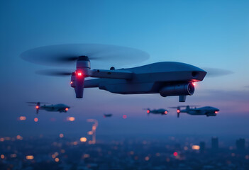 Drones fly over a city at dusk, showcasing the technology of the future and advanced surveillance