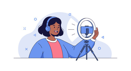 Content creator filming video with phone and ring light in modern styl