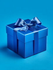 Obraz premium Glossy blue present box finished with satin bow on vivid blue background