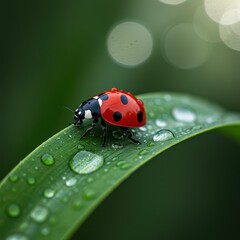 Close-up of a red ladybug with black spots walking on a green leaf covered in fresh dew drops, symbolizing nature's purity.