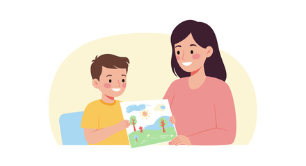 Mother and son sharing art time together in a minimalistic flat style