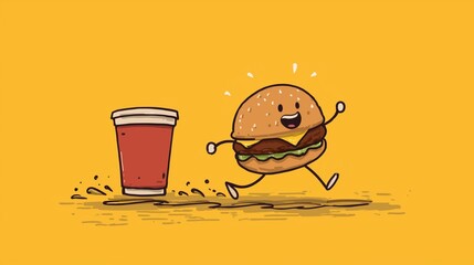 Cute Cartoon Burger Chasing Drink on Yellow Background