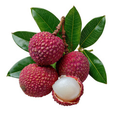 Lychee fruit with leaves isolated on transparent background