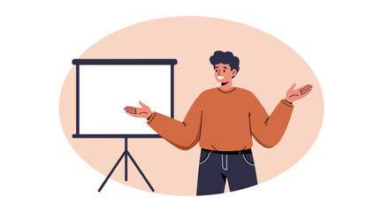 Man giving presentation with flipchart in minimalistic flat design