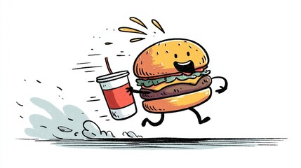 Happy Cartoon Burger Running with Soda Cup