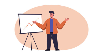 Business presentation: confident presenter with growth chart on flipch