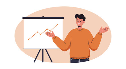 Business presentation with confident speaker analyzing growth chart