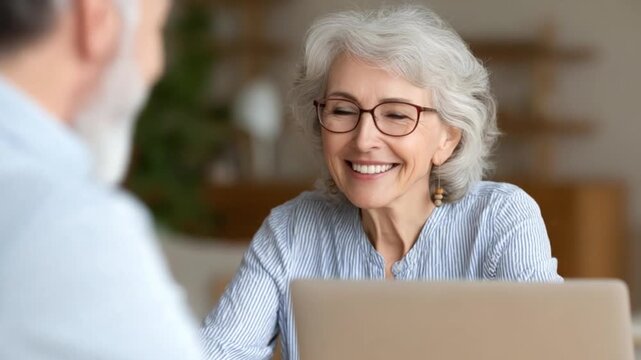 Online Connection: An elderly woman wears glasses, smiles, and appears focused as she looks at a laptop, engaging in online activity, fostering the beauty of intergenerational digital literacy.
