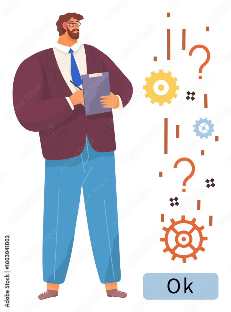 Poster man holding clipboard standing near abstract gears, question marks, and binary elements. ideal for a