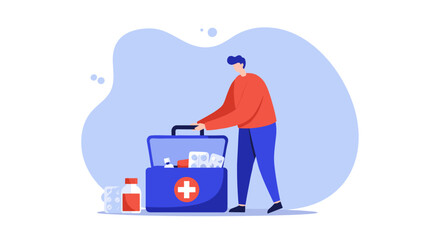 Healthcare emergency kit preparedness with first aid essentials in mod
