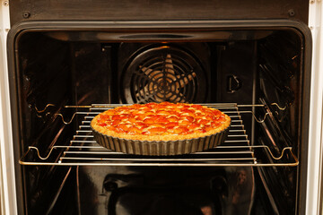Closeup homemade apricot pie baked in a home oven. Shallow focus.