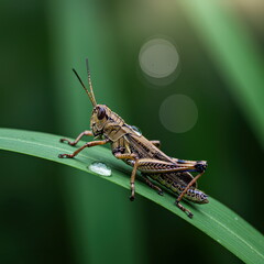 A detailed macro of a grasshopper perched on a dew-covered blade of grass, surrounded by green softness and light.