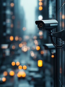 Surveillance camera on urban street capturing vibrant cityscape with bokeh lights.
