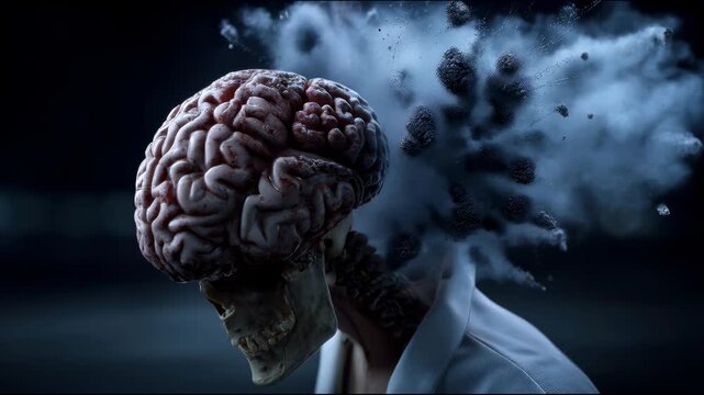 Skull with brain with explosion of red and black smoke coming out of it, figure in white shirt on dark background