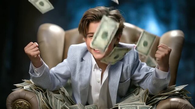 Rich kid lounging in luxury armchair with money