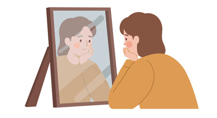 Pensive woman reflecting in mirror: thoughtful and introspective momen