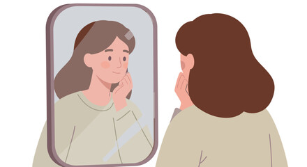 Woman reflecting in mirror with calm expression in minimalist style