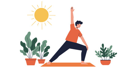 Man practicing yoga outdoors with houseplants and sun in minimalist st