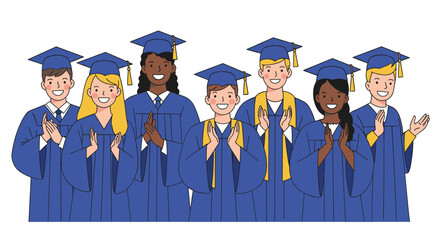 Group of happy graduates in blue caps and gowns celebrating achievemen