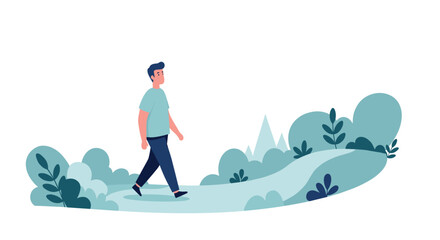 Flat style cartoon character walking in nature with greenery and trees